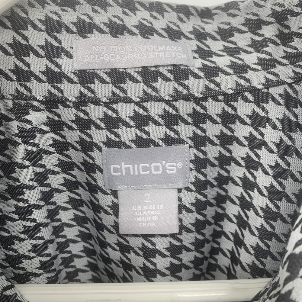 Chico's 2 No-Iron Coolmax All-Seasons Stretch Black Houndstooth Shirt Size 2 - Picture 2 of 9
